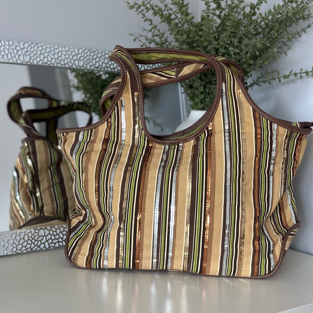 Sequin Striped Green Gold Brown
Cotton Canvas Handbag Purse Tote Bag